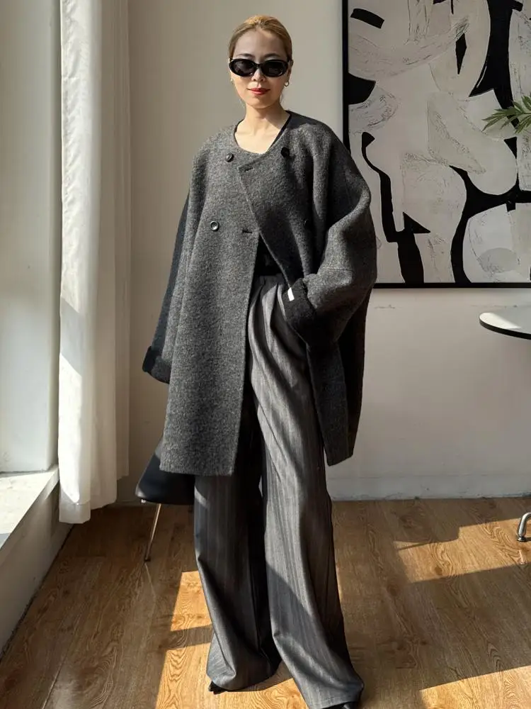 

Женские короткие двубортные шерстяные куртки из альпаки, осень 2022, осень и зима, высококачественные свободные повседневные женские шерстяные пальто с круглым вырезом