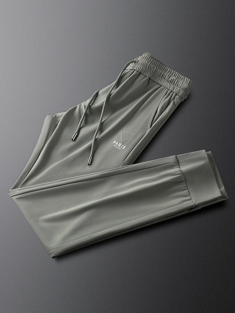 

Ice Silk Men's Slim Fit Casual Pants Belted Spor Thin Elastic mid Waist Trousers Faionable Summer Long Trousers