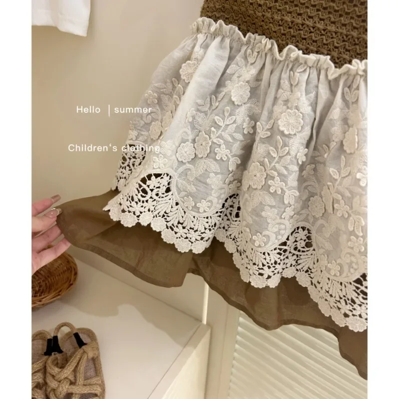 Boutique Kids Summer Clothes Baby Girls Lace Stitching Dress Toddler Lolita Slip Dress Kawaii Brown Linen Dress Cotton 1-7y