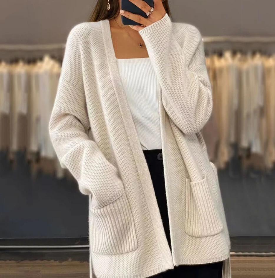 

Sweater 2024 Autumn/Winter Fashion Women's Thick Solid Color Lace Knitted Cardigan with Loose Pocket Sweater Jacket