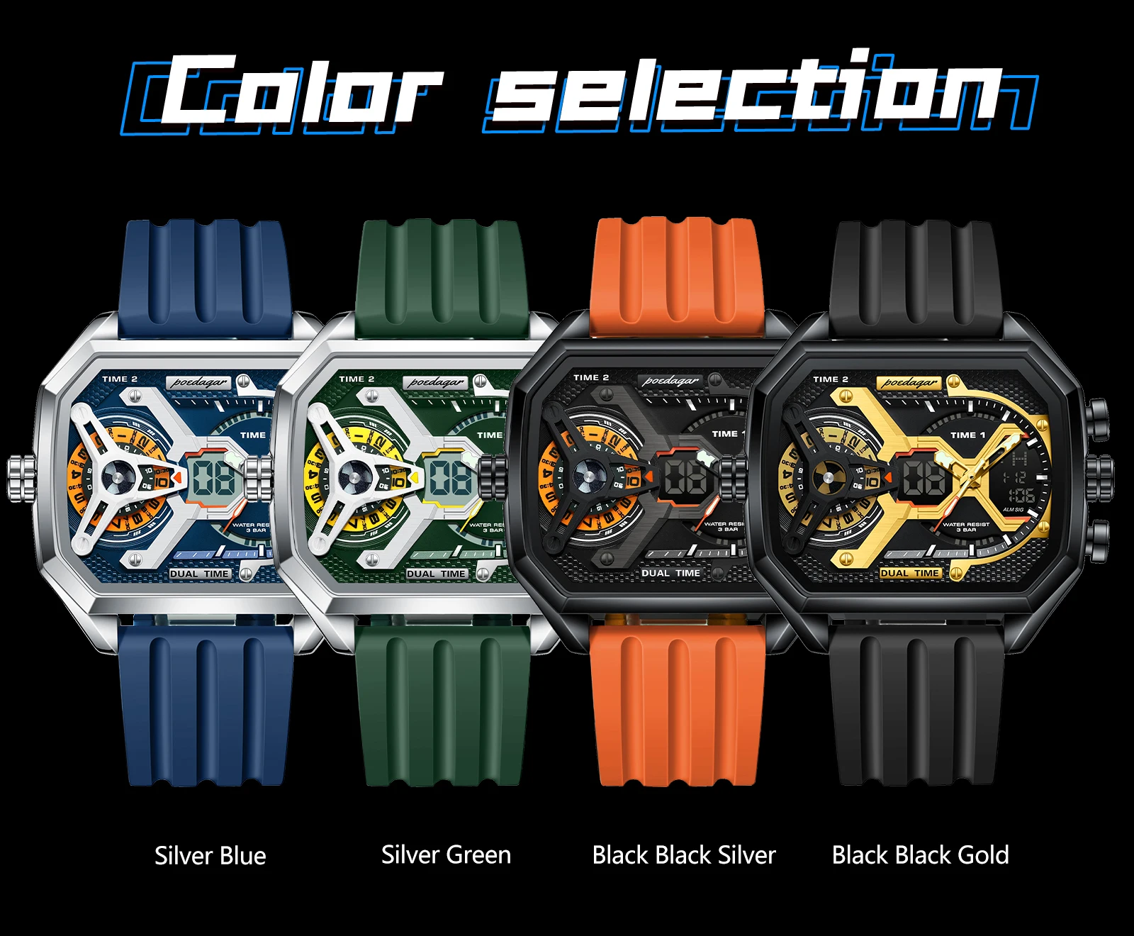 POEDAGAR Sport Männer Armbanduhren Datum Woche Leuchtende LED Mode Mann Uhr Silikon Armband Elektronische Dual Time Quarz herren Uhr – Detail 9