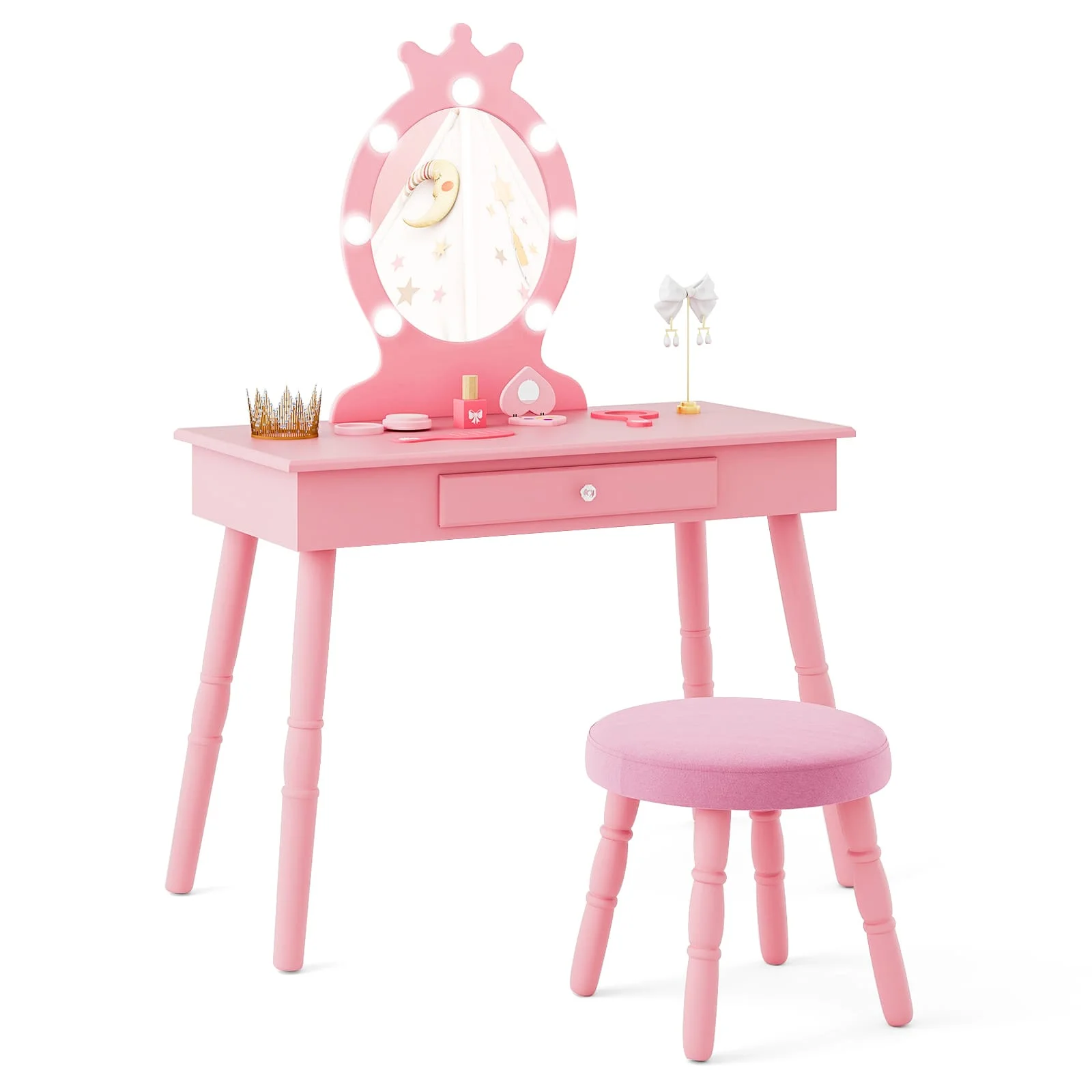 GOFLAME Princess Vanity Table & Chair Set Kids Vanity Set w/Lighted Mirror-Pink