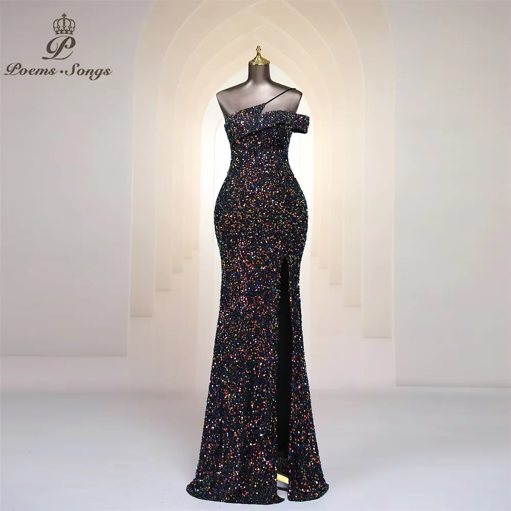 

Customized Spaghetti One Shoulder Evening Dresses Mermaid High Split Colorful Sequin Floor Length Women Party Dress Prom Formal