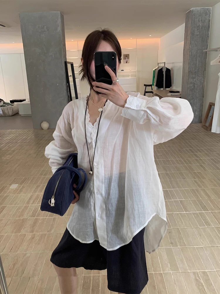 

Liaoning Gentle Lace Trim V-Ne Sun Protection irt Women's Summer New Asymmetric Thin Top Korean Sle Loose Bubble Sve