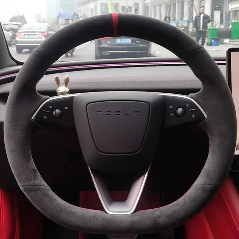 Hand-Stitched Non-Slip Wear Resistant Suede Car Steering Wheel Cover For Tesla New Model 3 Highland 2024 Car Accessories