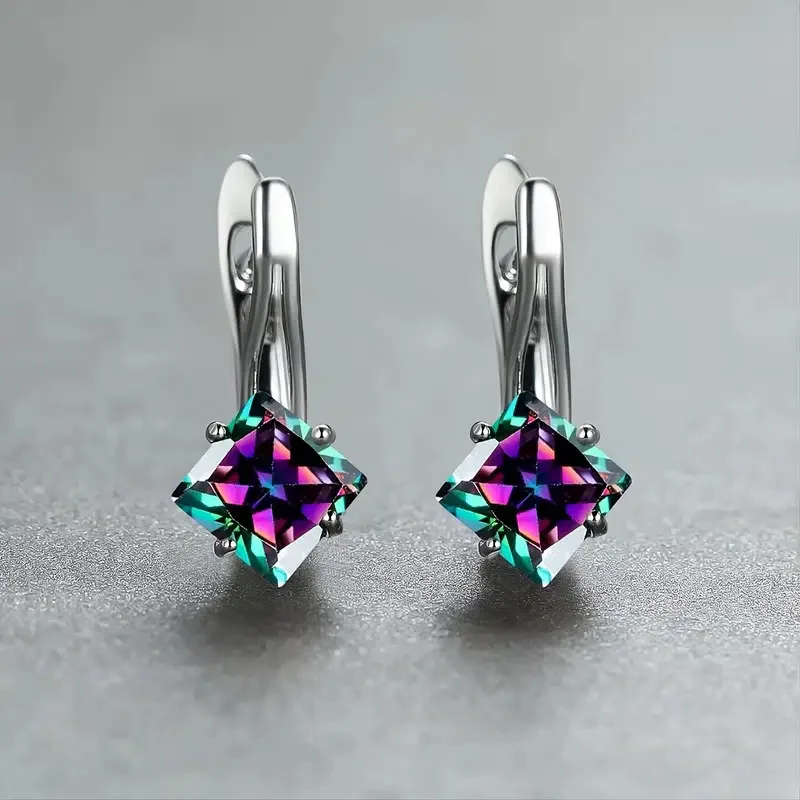 2024 New Colorful Earrings European and American Style Rainbow Square Stone Light Luxury Simple Diamond Design Jewelry