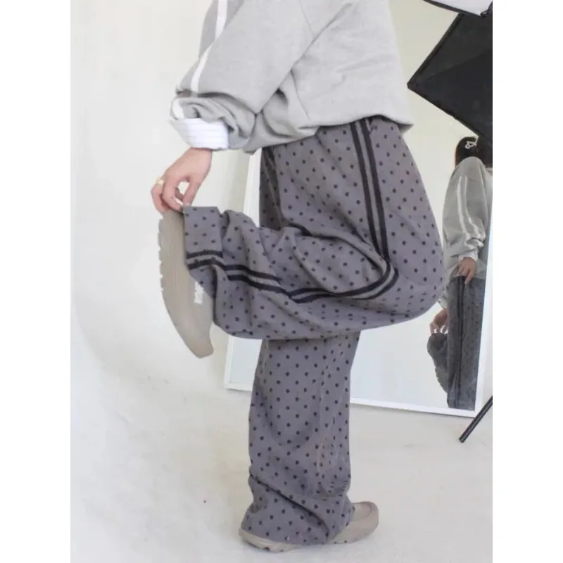 Simple aesthetic kawaii striped design baggy wide leg pants women Y2K Korean sweet girly vintage polka dot Harajuku casual pants