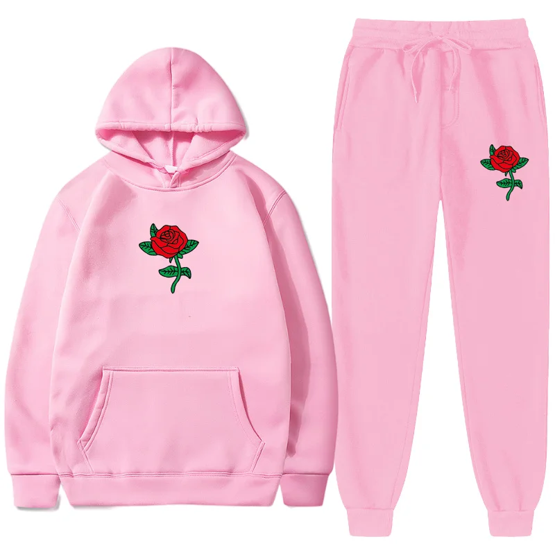 2-piece Set Hoodies Sweatpants Suit Rose Flower Print Tracksuit Men Women Sweatshirt Suit Fleece Hoodie Pants Jogging Pullover