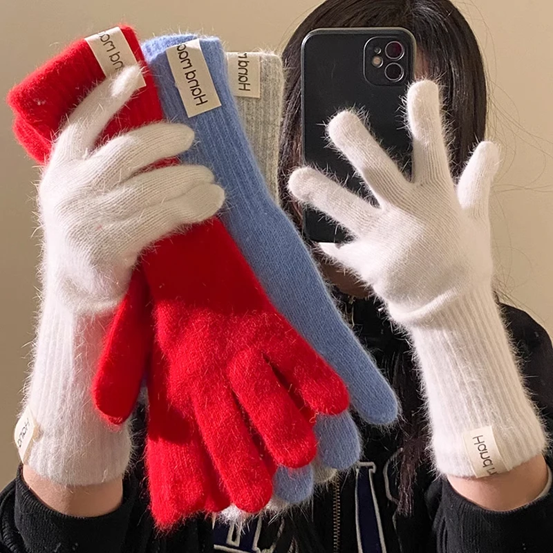 ถุงมือไหมพรมสีพื้นแบบสัมผัสหน้าจอแฟชั่นสำหรับผู้หญิง ถุงมือฤดูหนาว ถุงมืออุ่น ถุงมือทำงานสีพื้น ถุงมือฮาราจูกุสำหรับผู้หญิง