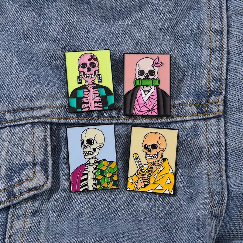 4Pcs Anime Skeleton Warrior Pins Set Demon Slayer Skull Swordsman Enamel Square Pins For Fandom Gift