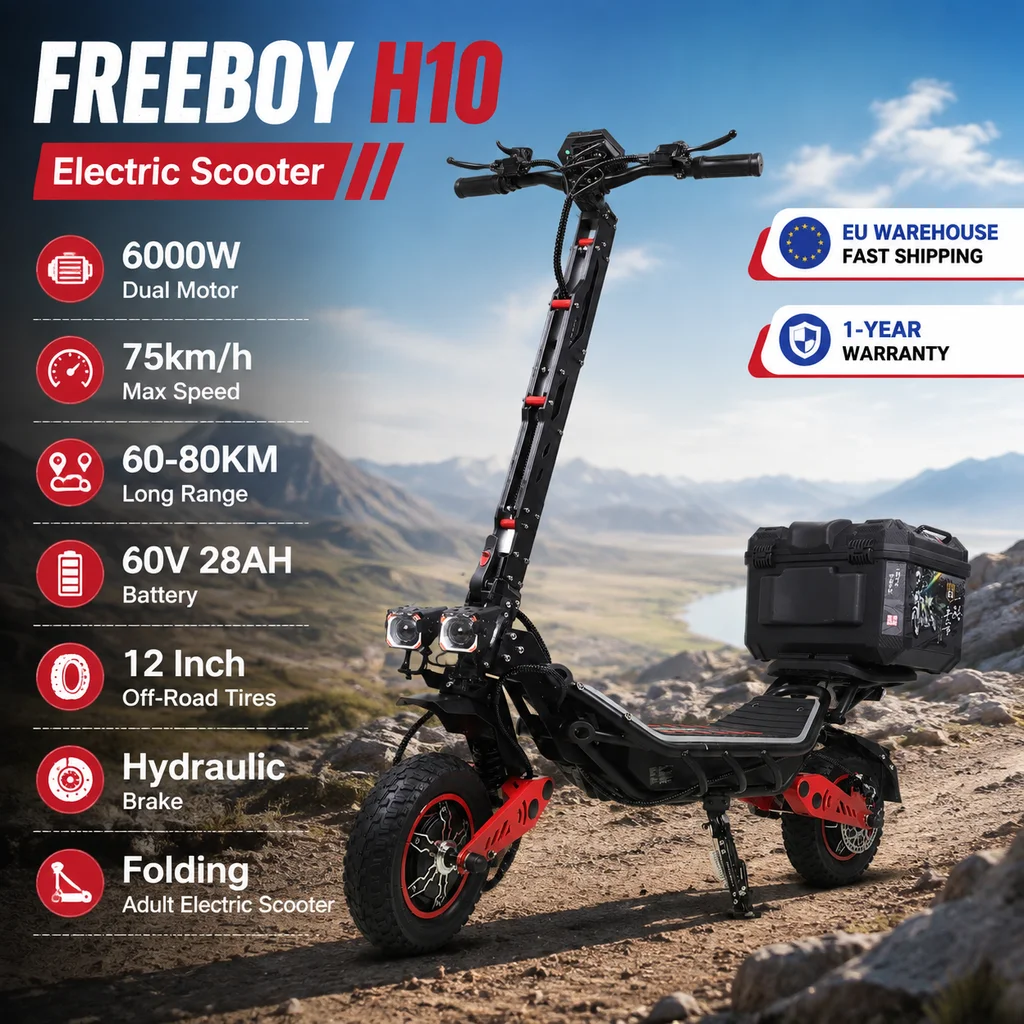 FREEBOY H10 Elektroroller 6000W Doppelmotor 75km/h Höchstgeschwindigkeit 60-80KM Reichweite 60V 28AH Batterie 12 Zoll Offroad-Reifen Hydraulische Bremse Klappbarer Elektroroller für Erwachsene
