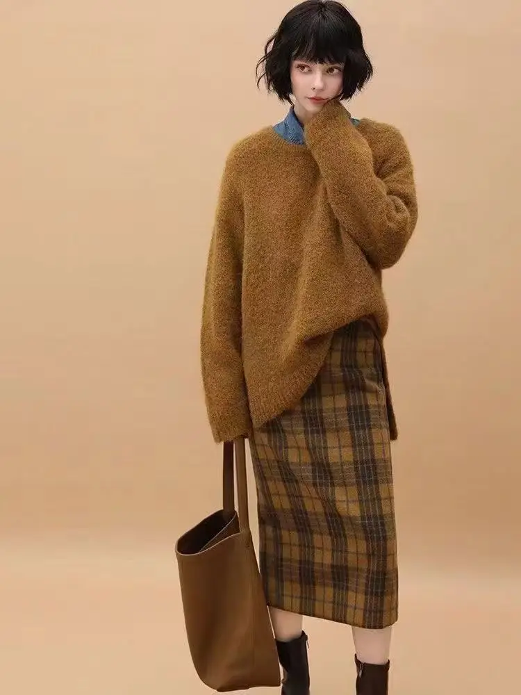 Maillard Dress With Retro Plaid Woolen Skirt For Women'S Autumn And Winter New Style, Stylish Straight Tube Mid Length Skirt