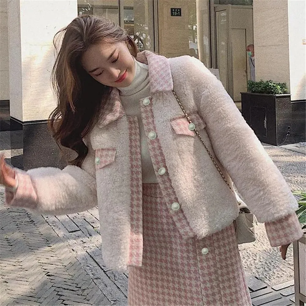 Winter Warm Lamb Wool Sweet Coat Women Korean Thick Two Piece Sets Jackets Chic Streetwear High Waist A-line Skirts Suits Female