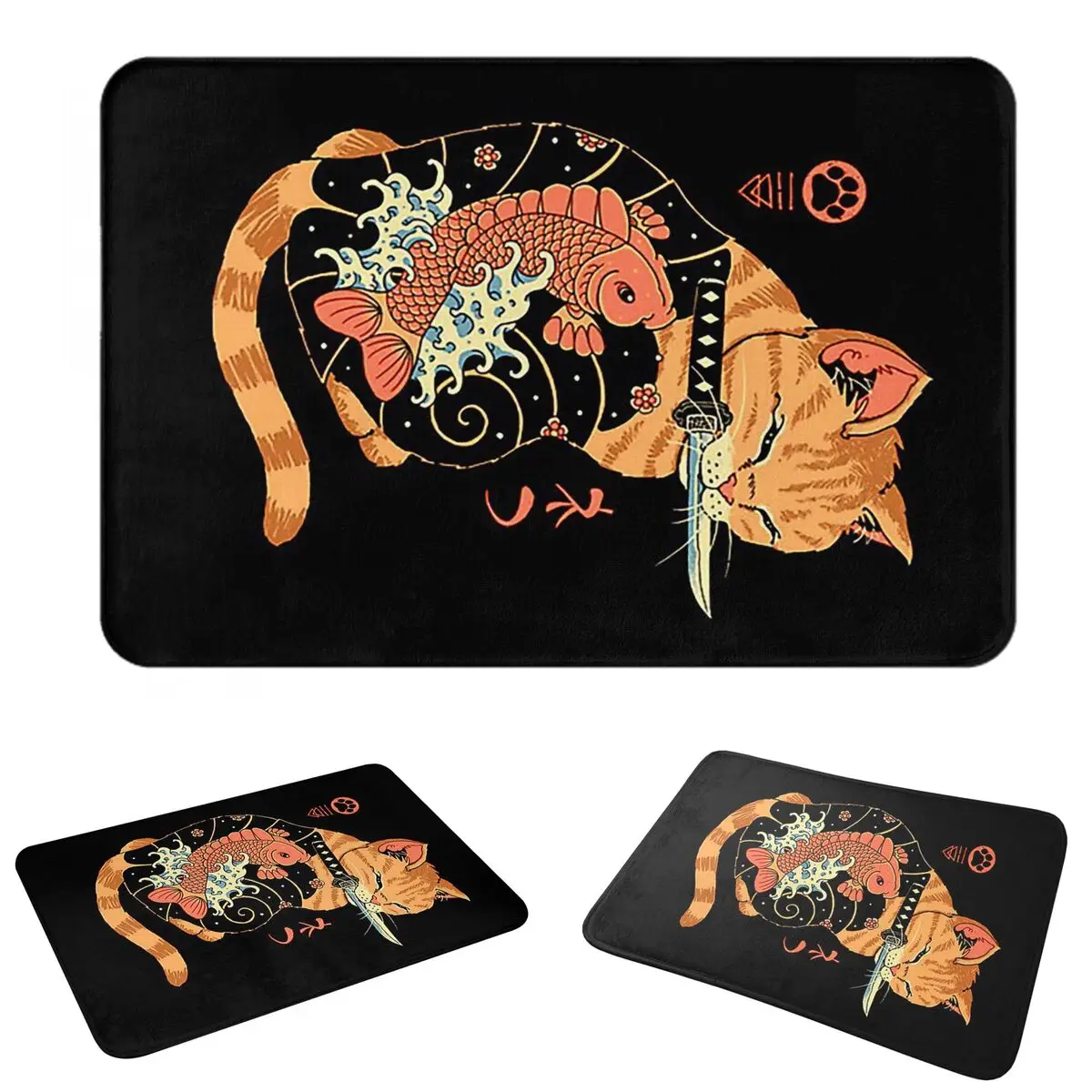 Catana Cats Retro Samurai Yakuza Holder Anti-slip Doormat Floor Mat Washable Carpet Rug for Kitchen Entrance Home Living room
