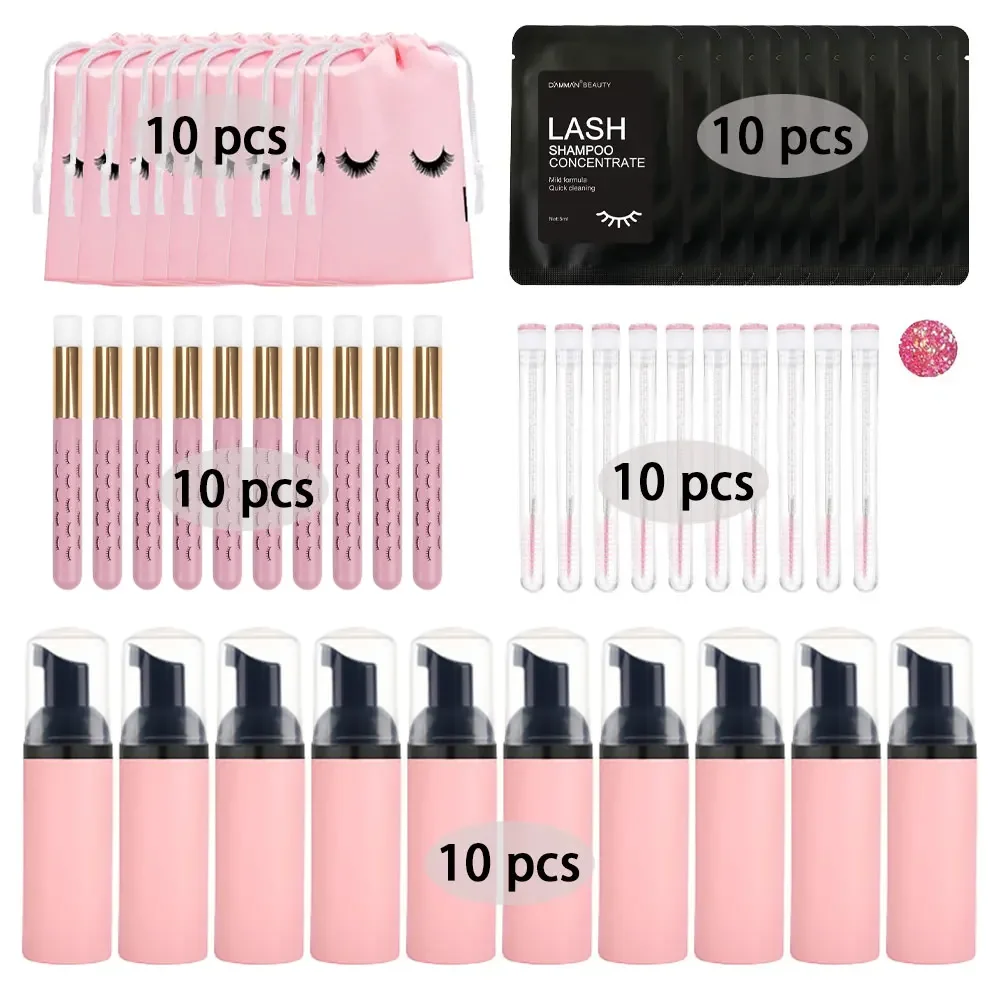 50Pcs Eyelash Cleaning Kit 60ML Foam Empty Bottle Eyelash Combing Brush Cleaning Concentrate Waterproof Storage Bag Care Tool