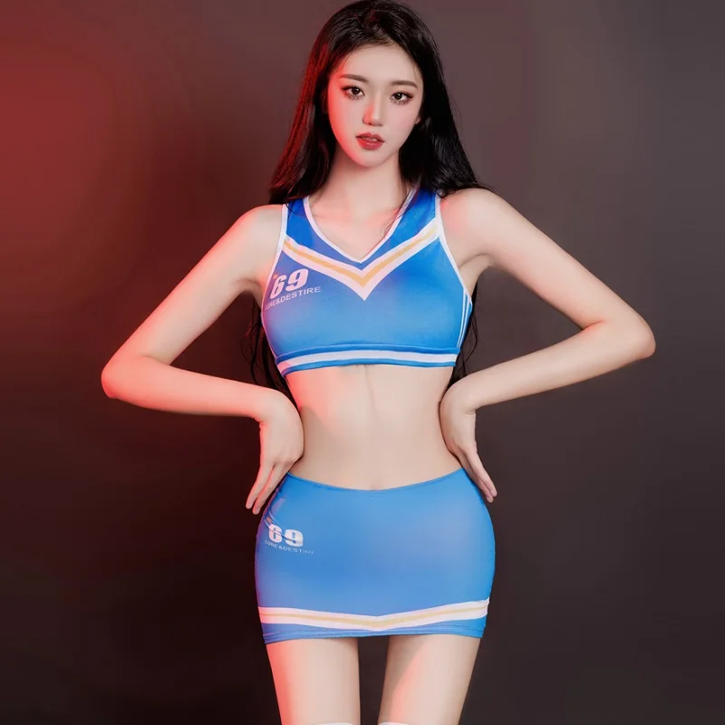 Sexy Sweet Girls Soccer Cheerleading Uniform Set Deep V Strap Short Tank Top Low Rise Elastic Mini Skirt Sheer Erotic Lingerie