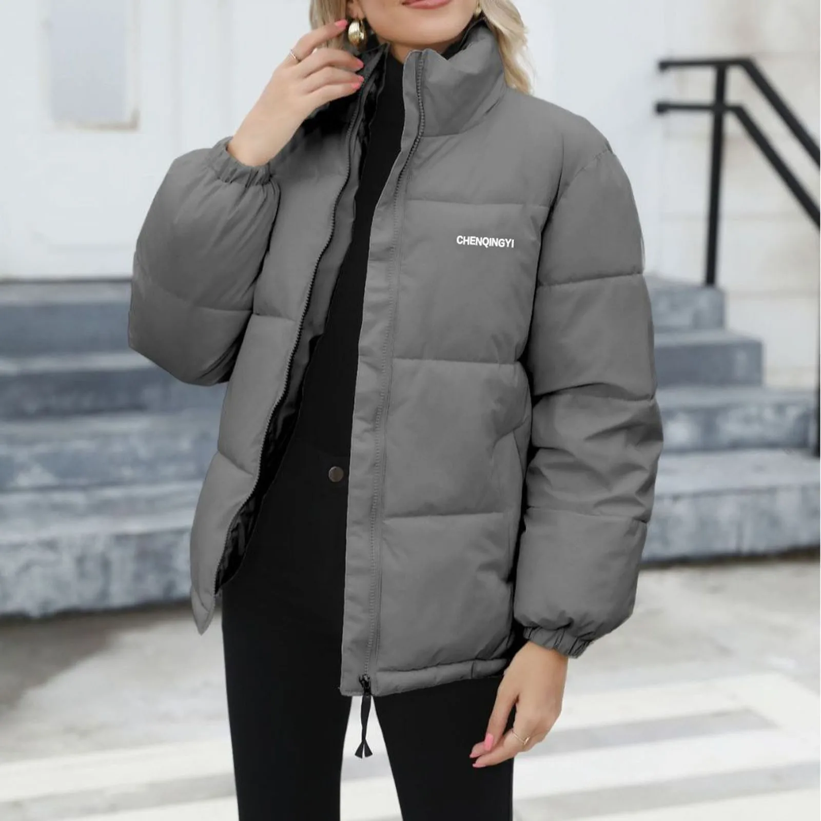 2024 Winter New Women Warm Coats Y2k Harajuku Solid Color Cotton Down Jacket High Collar Simple Zipper Puffer Jacket