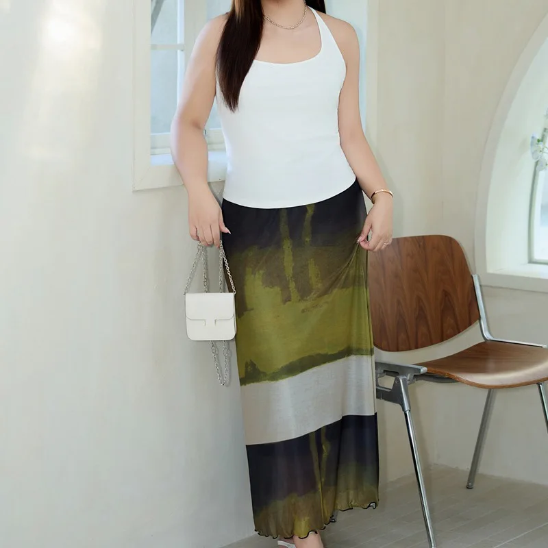 

Plus Size Women's Sets Casual Vacation Premium Painting Art Mesh A-Line Skirt And Halter U-collar Base Fashion Camis 2 Pieces