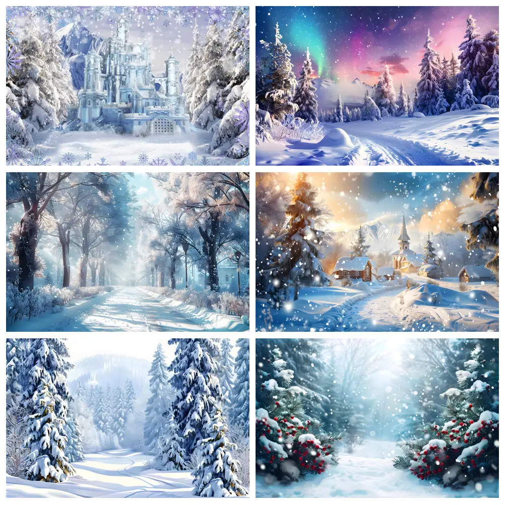 

Winter Christmas Backdrop for Photography White Snow Forest Castle Scene Kids Birthday Party Decoration Baby Portrait Background