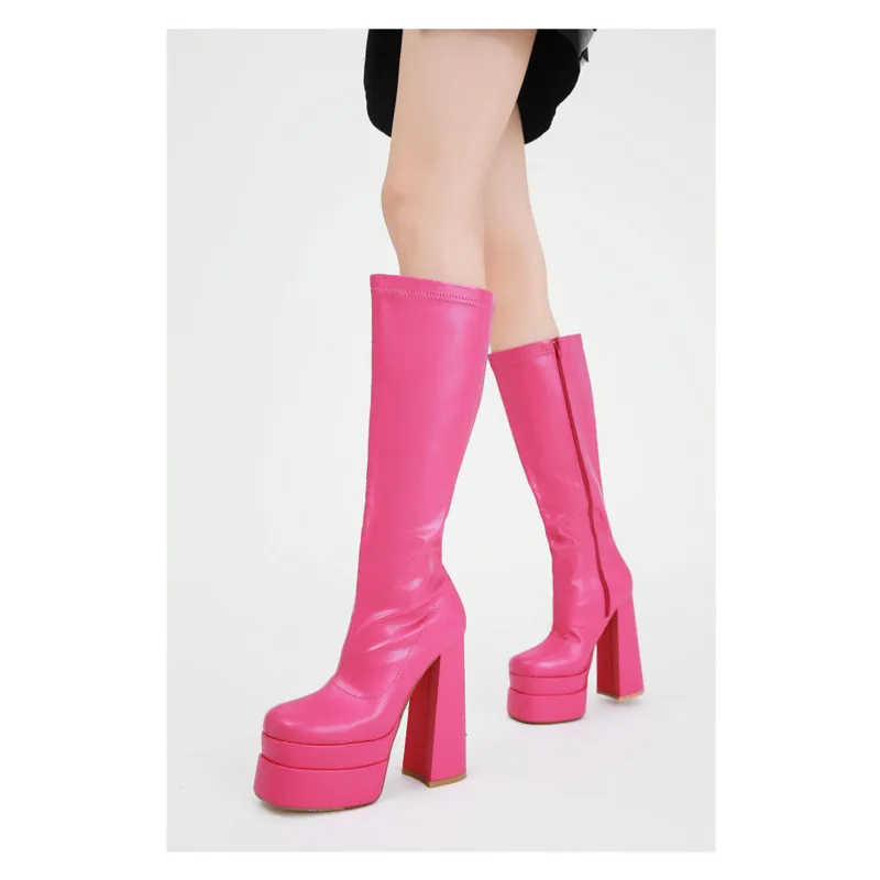 New Arrival Classic Style Wholesale Fashion Women Platform Boots Hot Pink 14cm Chunky Womens Knee High Evening Party Prom Shoes