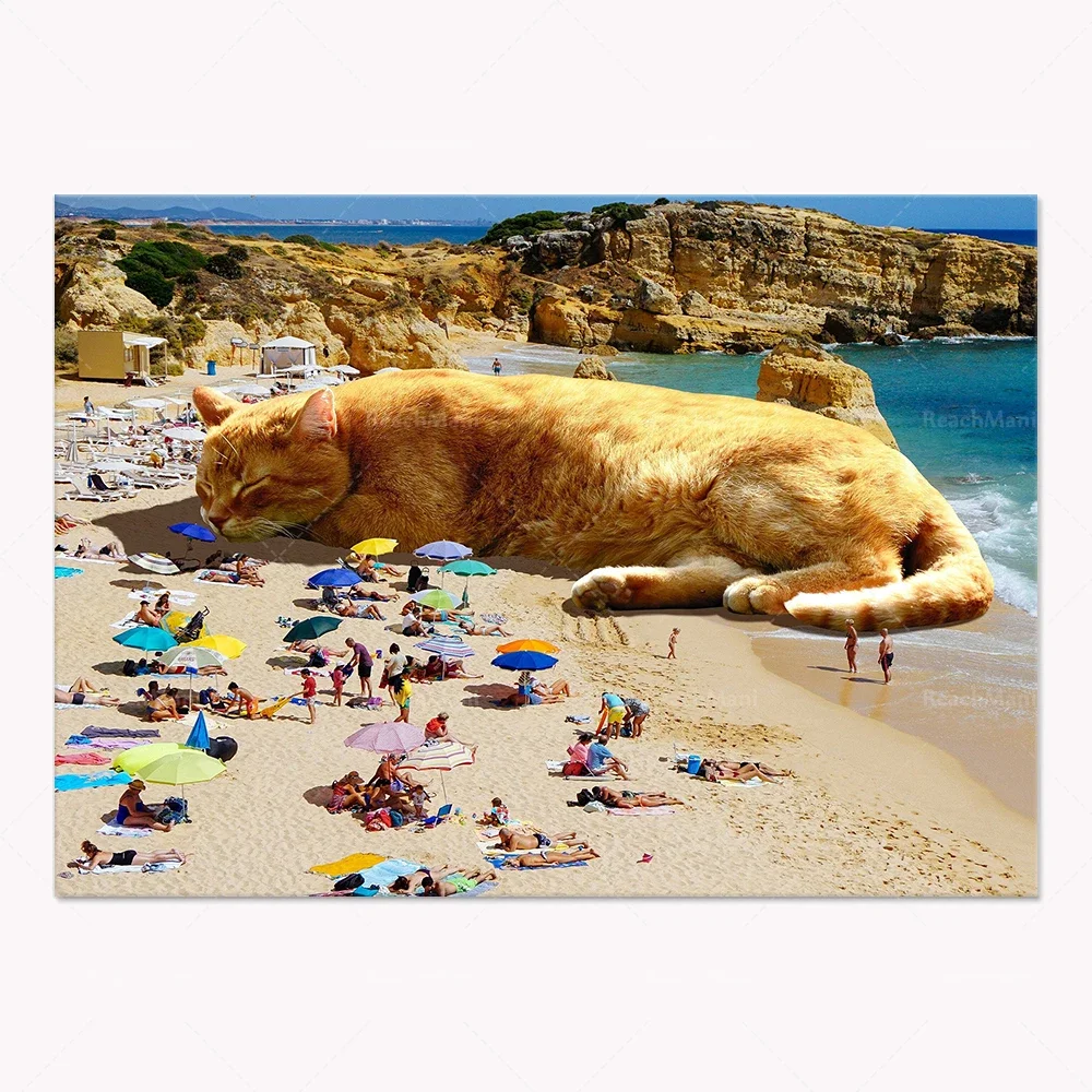 فلاتيرون بناء القط الأسود والأبيض، قطة نيويورك، فن القط النائم، المحيط الشاطئي، القط الأصفر تشيلسي، هدية القط، ملصق سريالي #4