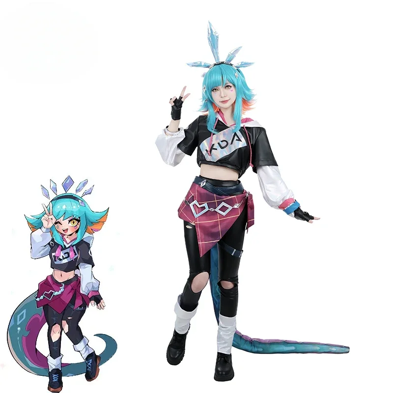 

Game LOL KDA Neeko Cosplay Costume Women Super Fan Neeko Costume Halloween Party Suit Full Set with Tails