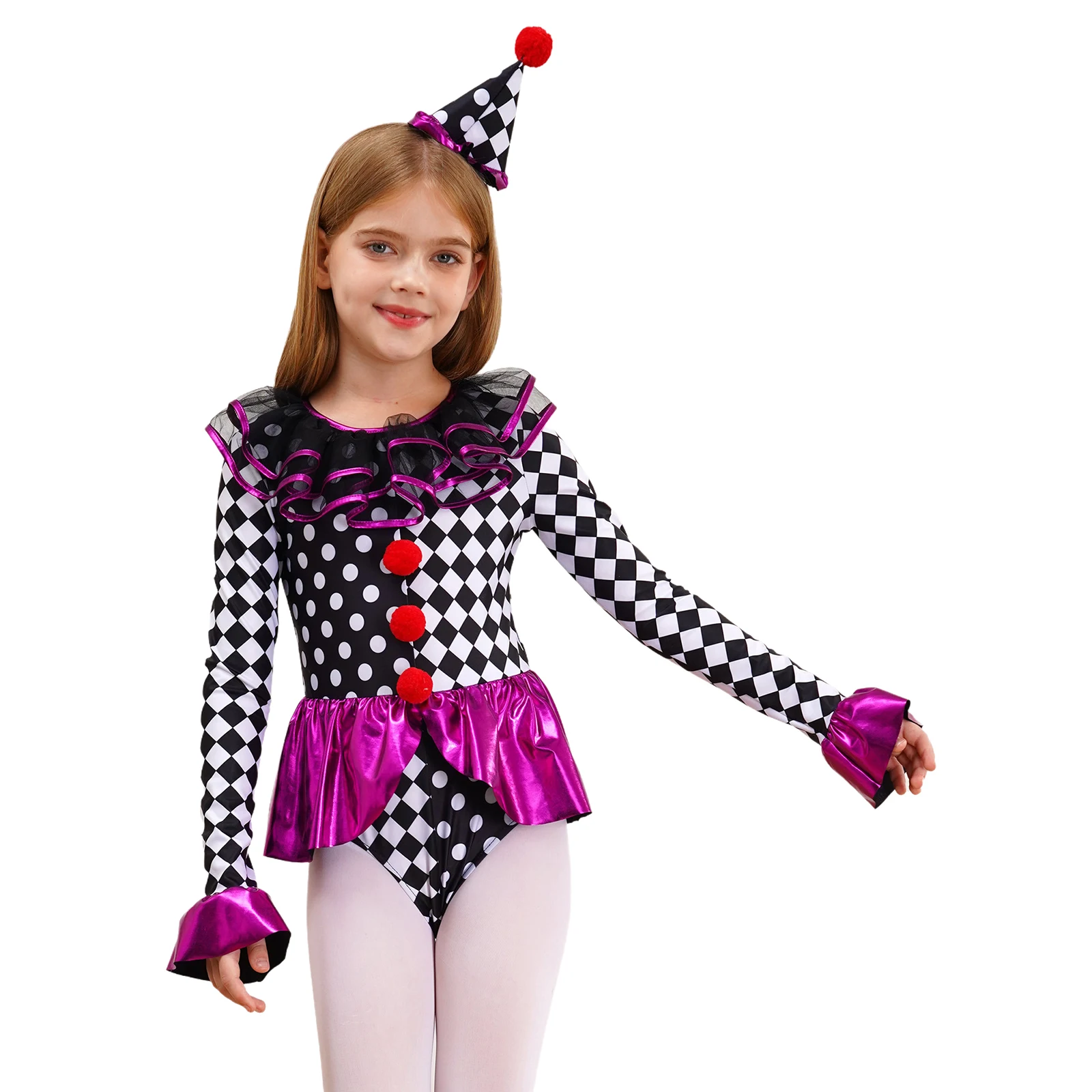 Halloween Party Zirkus Clown Cosplay Kostüm für Kinder Mädchen Langarm Rüschen Schachbrett Tupfen rote Pom Poms Bodysuit Set