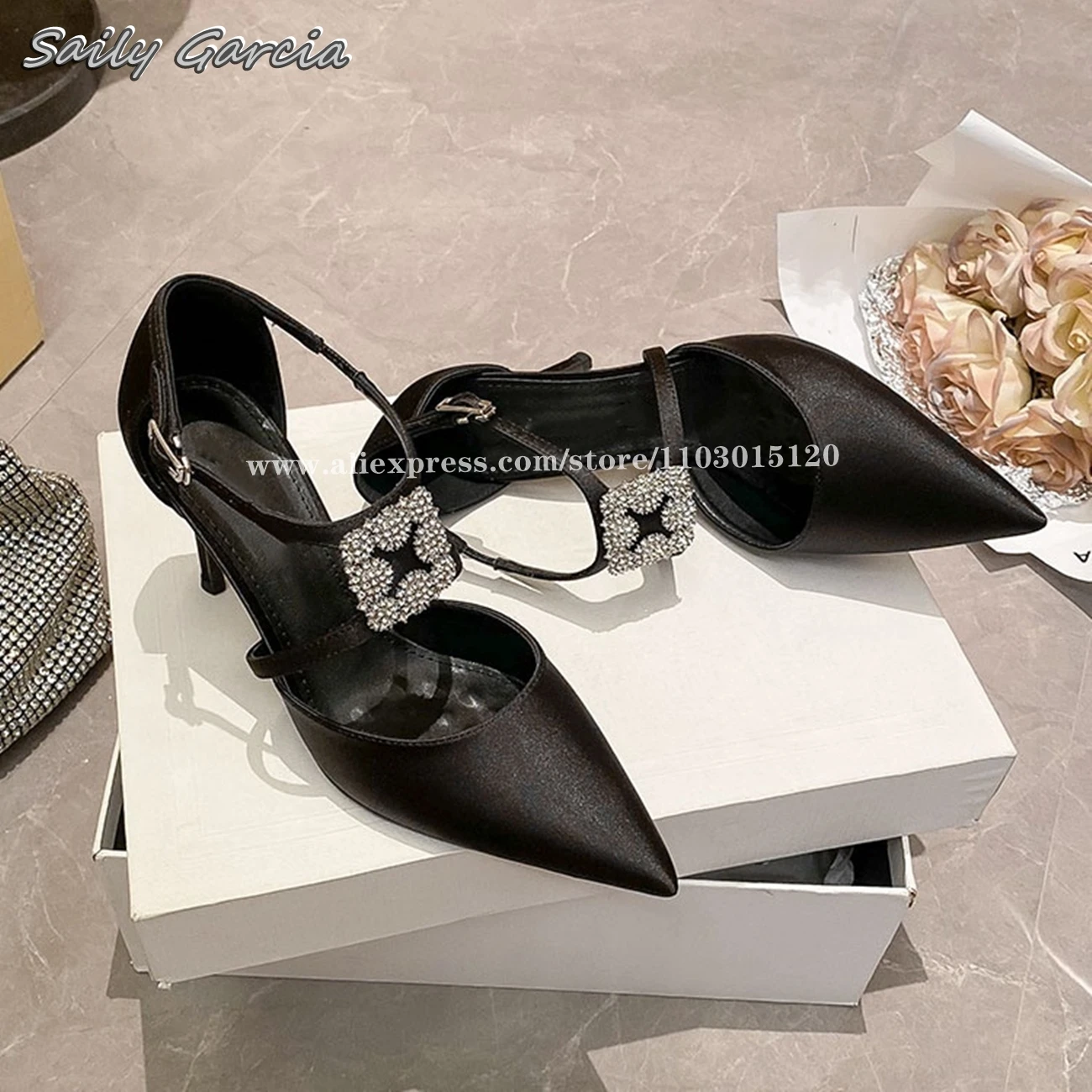 

Black Silk Crystal One Word Belt Sexy Stiletto High Heels 2024 NEW Luxury Party Sandals Pointed Toe Buckle Strap Shallow Pumps