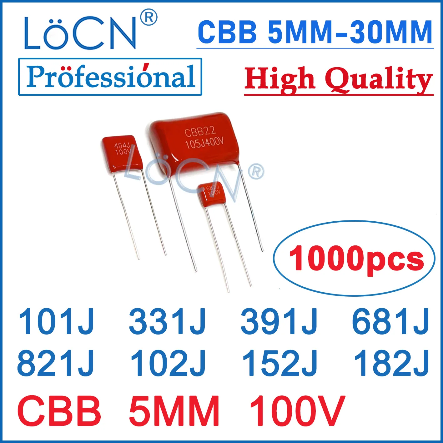 

1000 шт. 5 мм 100 В 101J 331J 391J 681J 821J 102J 152J 182J 100PF 330PF 390PF 680PF 820PF 1NF 1.5NF 1.8NF P5 CBB Конденсаторы