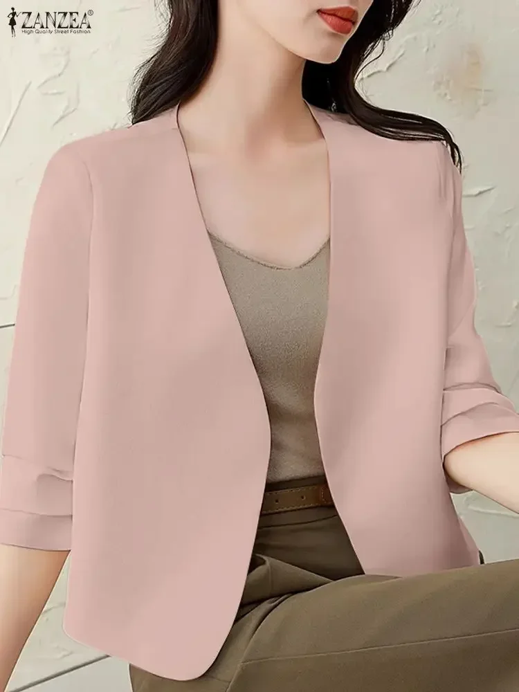 

ZANZEA 2022, элегантные женские пальто OL, плиссированные куртки с рукавами 3/4, осенние повседневные однотонные верхние пальто, модный офисный женский кардиган с v-образным вырезом