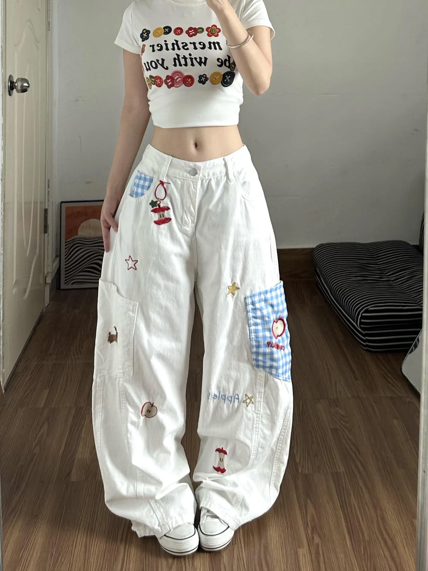 Sweet Y2K Women White Wide Leg Jeans Apple Star Embroidery Cargo Pants High Waist Loose Baggy Denim Trousers Preppy Streetwear