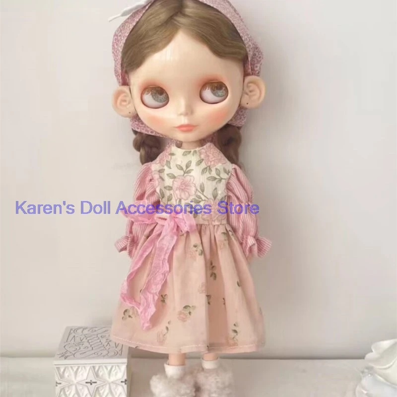 

Комплект из 3 предметов в винтажном стиле: платье, фартук и платок с сухими розами для Блайт (подходит для Лулу, ymy24, Ob22, 24, 26, Зон, Дженни)