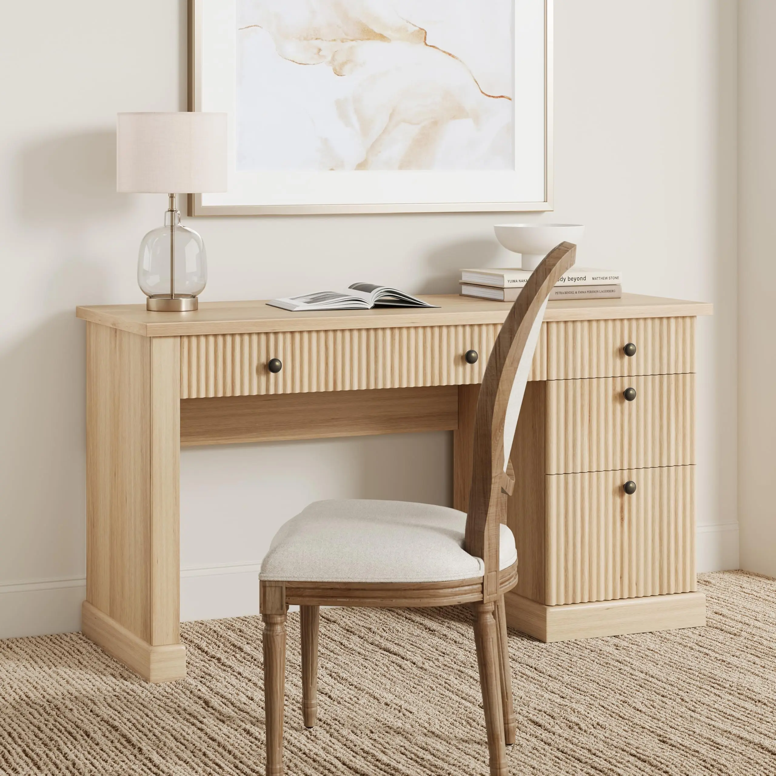 GarveeLife Modern Fluted Executive Desk 54' – Wooden Writing Computer Table with File Drawers, Storage Cabinet & Charging Station – Home Office or Small Spaces – Natural Wood Tone