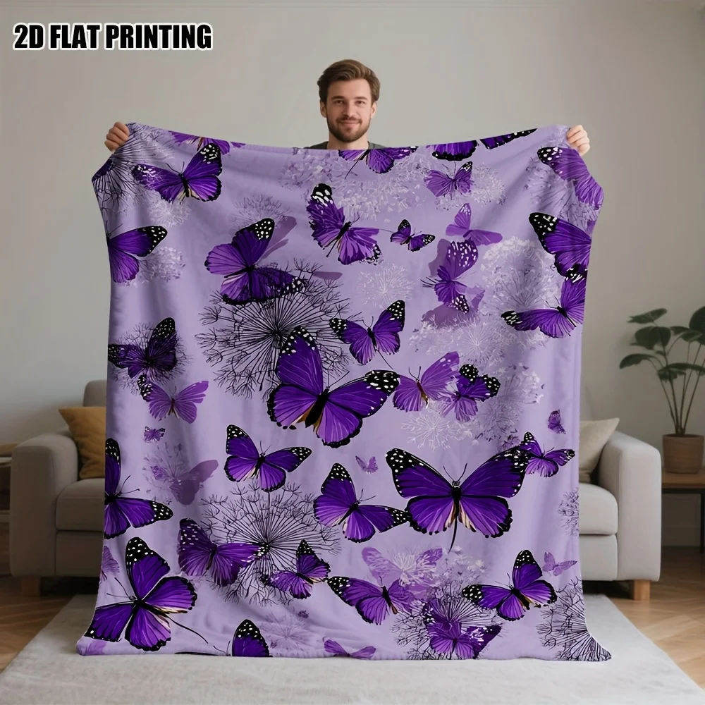 1pc 2D Flat Printing Blanket, Featuring a Warm And Comfortable Design with Purple Butterflies in a Grassy Scene, Fade-Resistant,