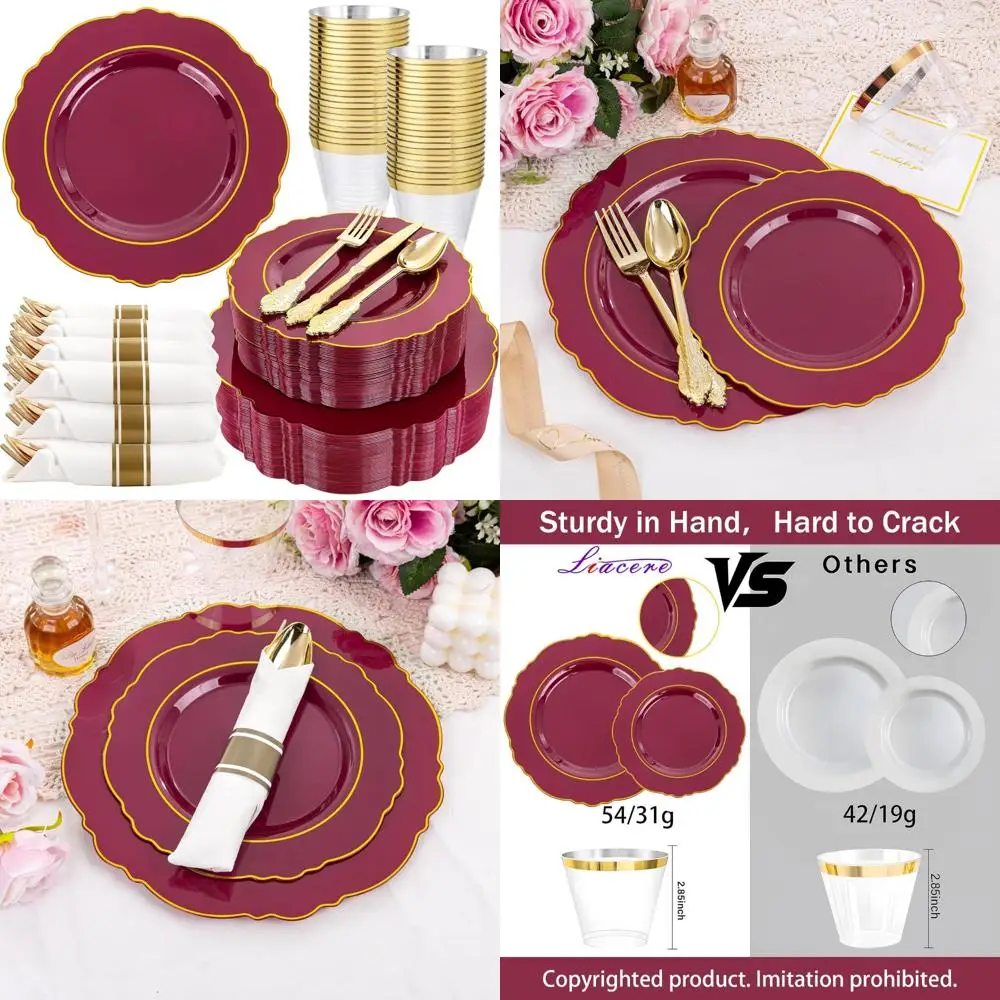 

Одноразовые красные и золотые пластиковые тарелки — набор столовой посуды в стиле барокко для гостей на 100 тарелок