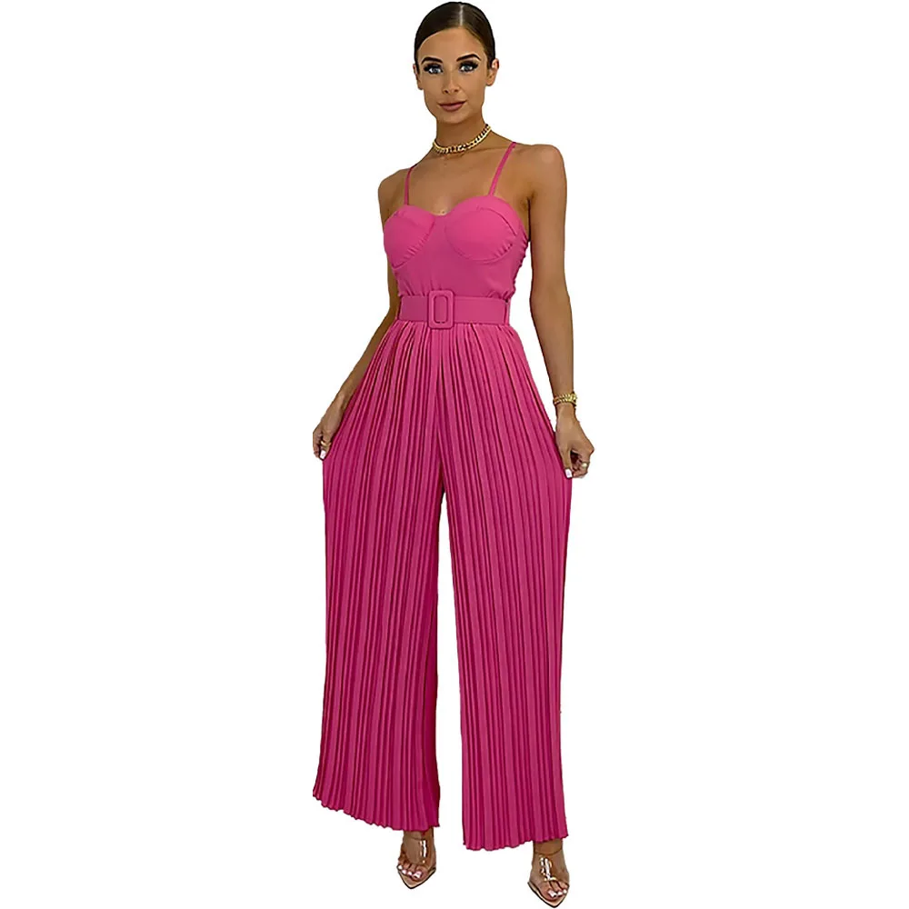 2023 Summer Casual Suspenders Long Jumpsuit Women Sexy Fashion Solid Sleeveless Sashes Pleated Wide Leg Jumpsuit Orange Female