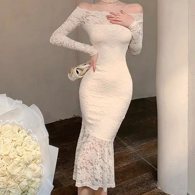 Elegant One-shoulder Lace Dress for Ladies Popular Birthday Dress for Women Hip-covering Fishtail Long Dress