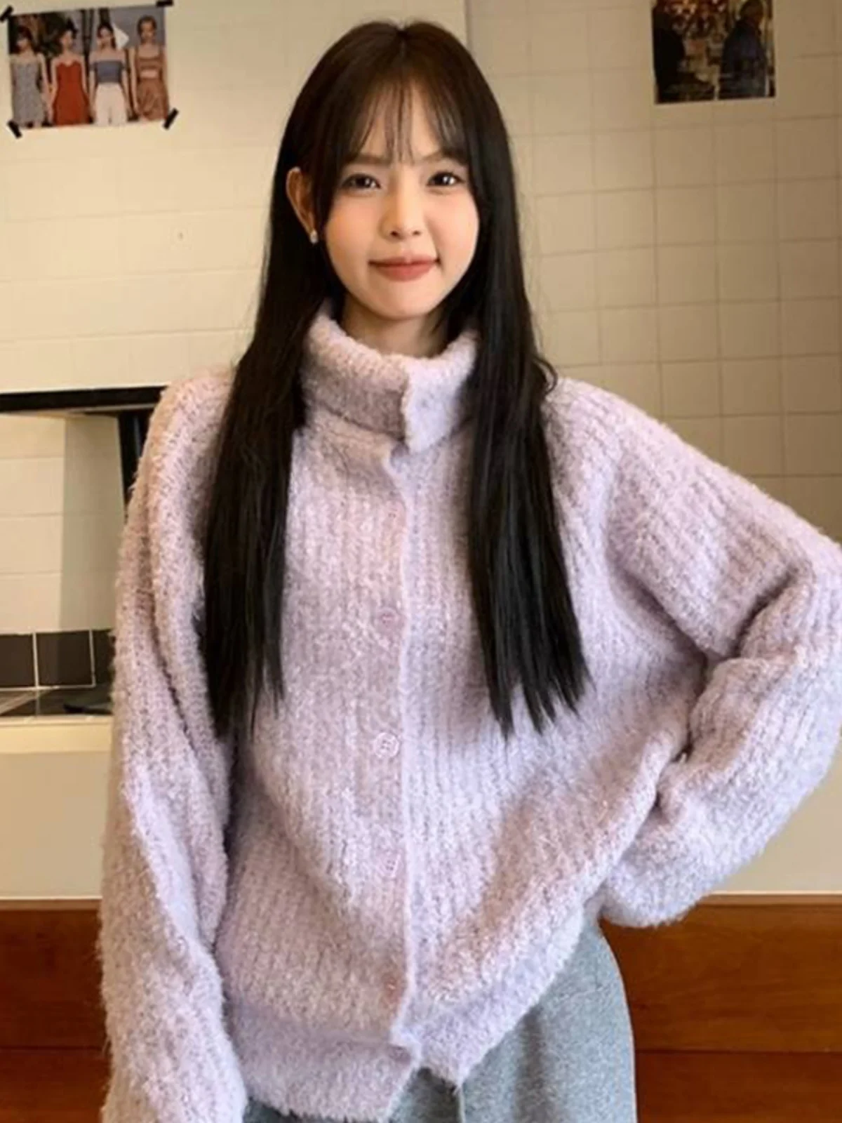 

Свободный женский вязаный свитер, пальто фиолетового цвета с высоким воротником на пуговицах, весна-осень, удобный ленивый слэ, круглый, длинный...