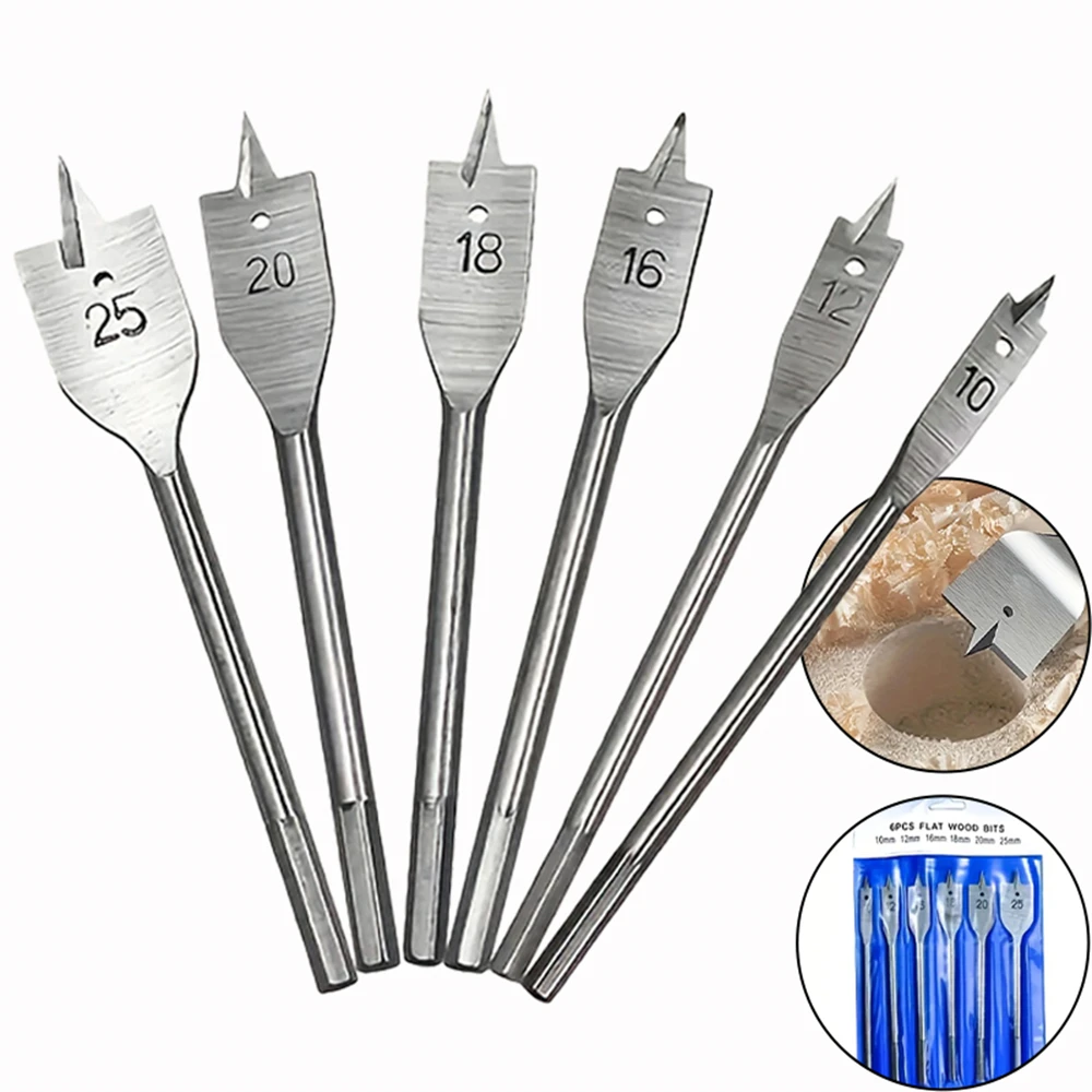 6pcs/set,Spade Drill Bit,10mm~25mm,Three Pointed Flat Drill Bit,Hex Shank,DIY Woodworking Drilling Tool,Wooden Board Hole Opener