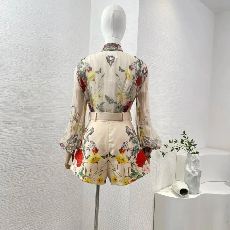 Red Rose Flower Print Long Sleeve Stand Collar Blouse Elegant Tops Short Set 2024 New Two Pieces High Quality