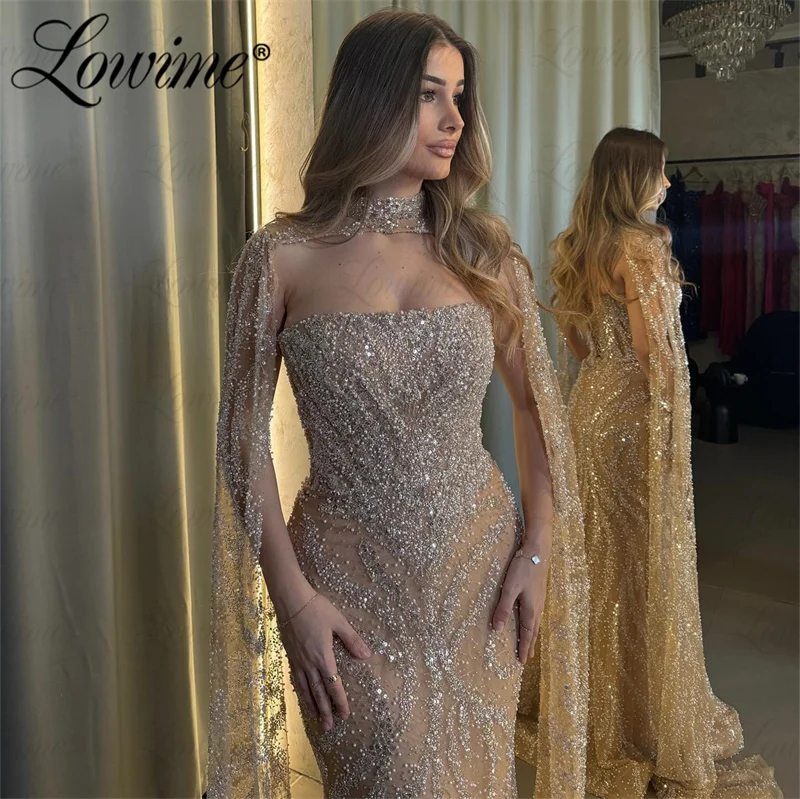 Two Piece Arabic Style Aso Ebi Prom Dresses Champagne Evening Gowns 2024 Beaded Cape Sleeves Long Mermaid Engagement Prom Dress