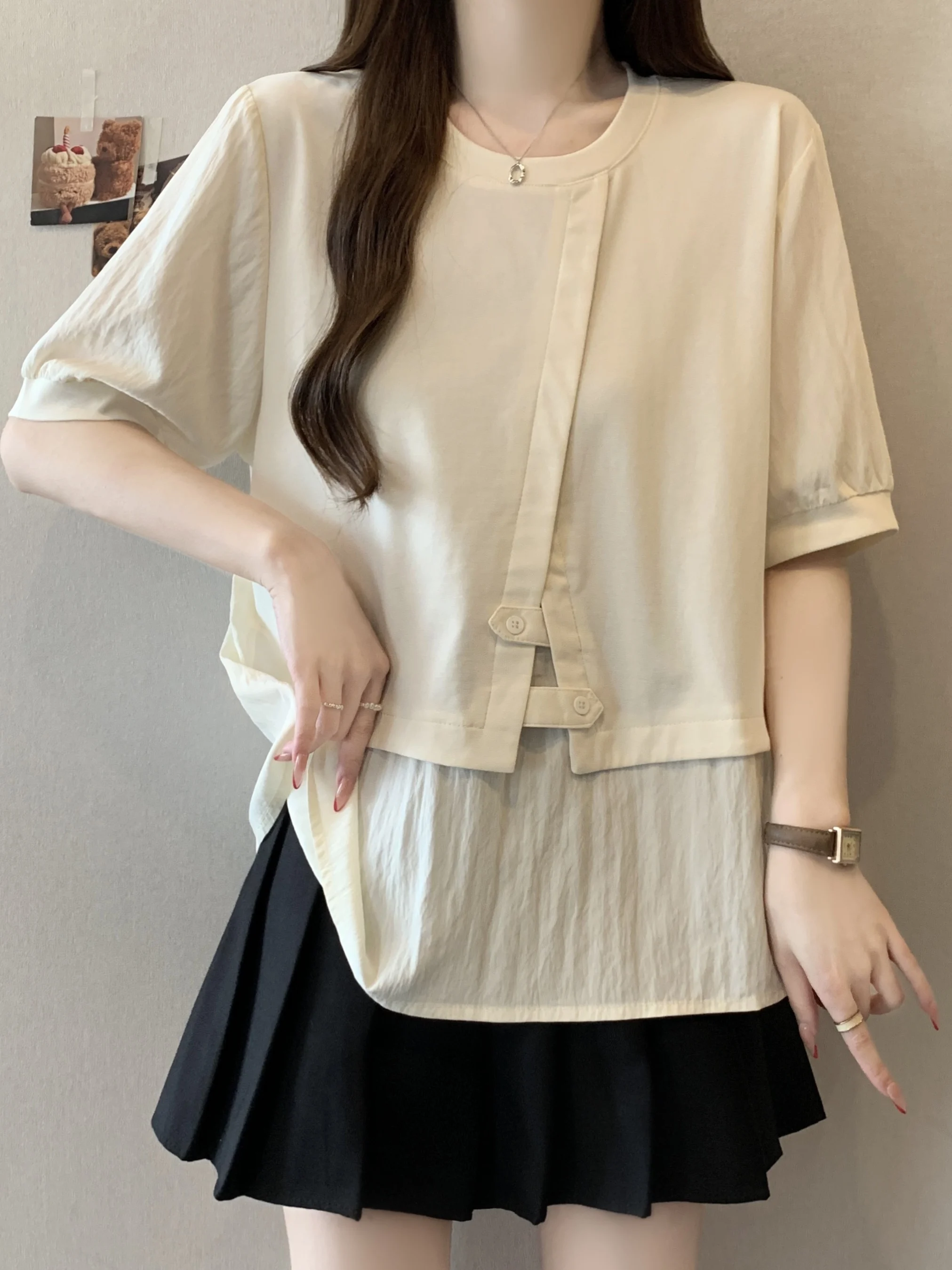 

plus Size Casual Loose Short Sleeve Women's T-shirt Fashionable Splice Breathable Skin-friendly Summer New Arrival Style