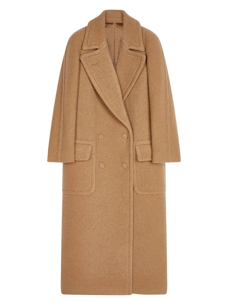 LISM-abrigo de lana color Camel para mujer, abrigo holgado con solapa y doble botonadura, manga larga, lazo en la cintura trasera, novedad de invierno 2024