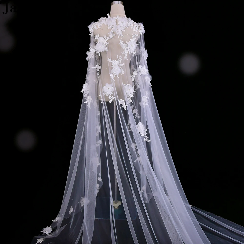 

JaneVini Elegant 3D Flowers Lace Wedding Capes Bolero Bridal Shawl 3 Meters Long Tulle Pearls Floral Bride Jacket Shrugs Cloak