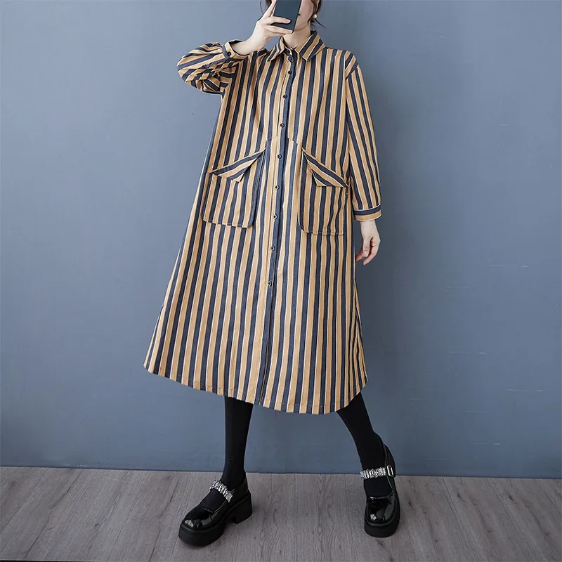 봄가을 니치 디자인 포켓 루즈핏 캐주얼 셔츠 스커트 패셔너블하고 다재다능한 스트라이프 한국 버전 원피스