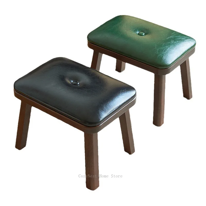 Solid Wood Low Rectangle Stool with Cushion, Multi-Purpose Bench for Foot Rest, Shoe Bench & Extra Seating