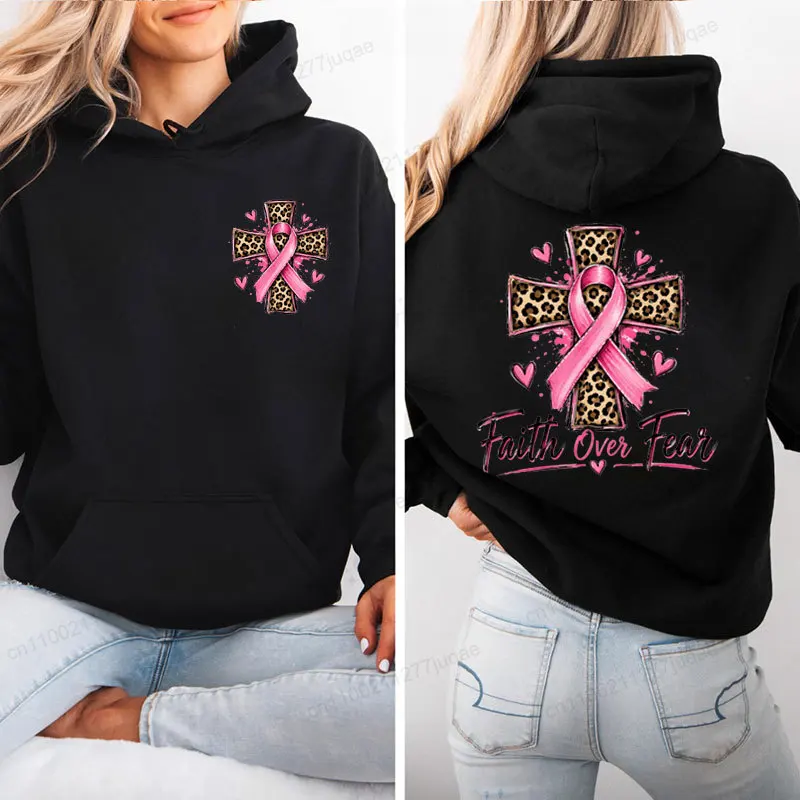 2026Women Faith Over Fear Hoodies Leopard Cross Pink Ribbon Breast Cancer Awareness Graphic Sweatshirts Support Survivor Tops