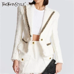 TWOTWINSTYLE Colorblock Elegant Coats For Women Lapel Long Sleeve Tunic Spliced Button Slimmming Jacket Female Fashion Style New