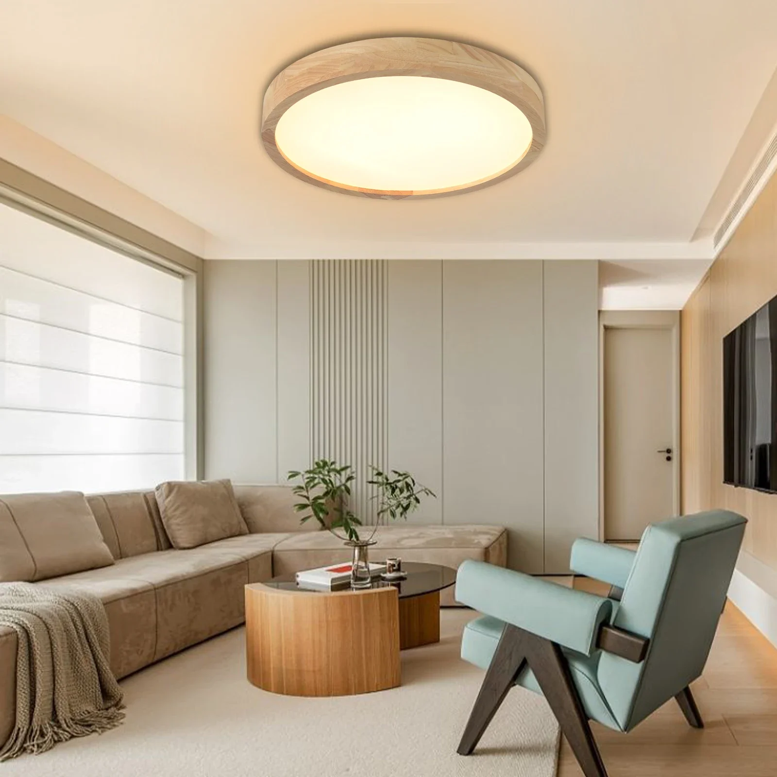 Modern Wood LED Ceiling Light Fixture, Simple Log Flush Mount Ceiling Lamps, Low Profile Circle Ceiling Lamp for Bathrooms