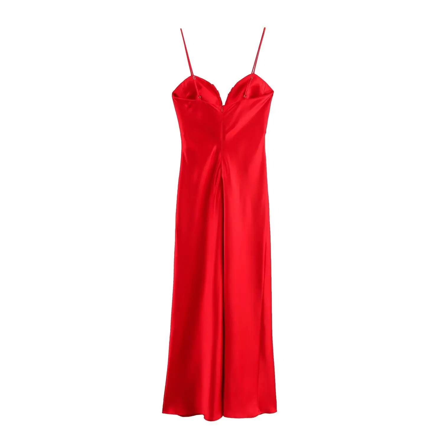 BM&MD&ZA Ladies Satin Feel Heart - shaped Neck Spaghetti Strap Mid - length Straight Dress with Chest Pleat Decoration